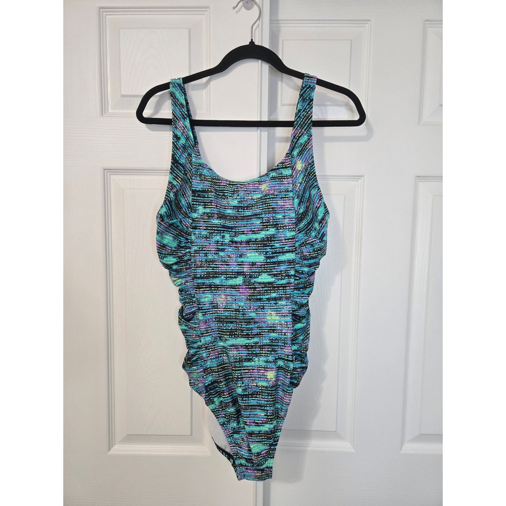 Speedo Abstract Blue Ruched One Piece Swimsuit Scoop Neck Athletic Full Coverage